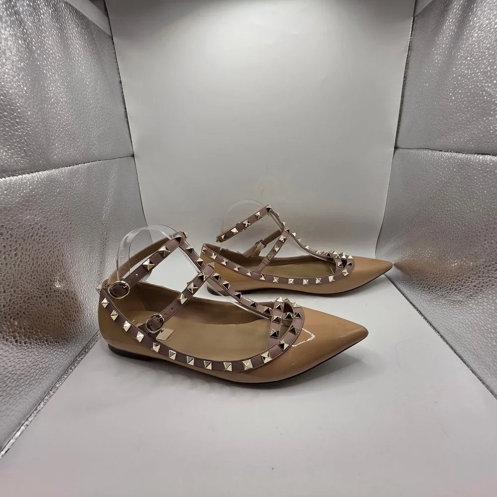 Kaitlyn Pan Nude Patent Rockstud Strappy Pointed Toe Flats Shoes Womens 10.5